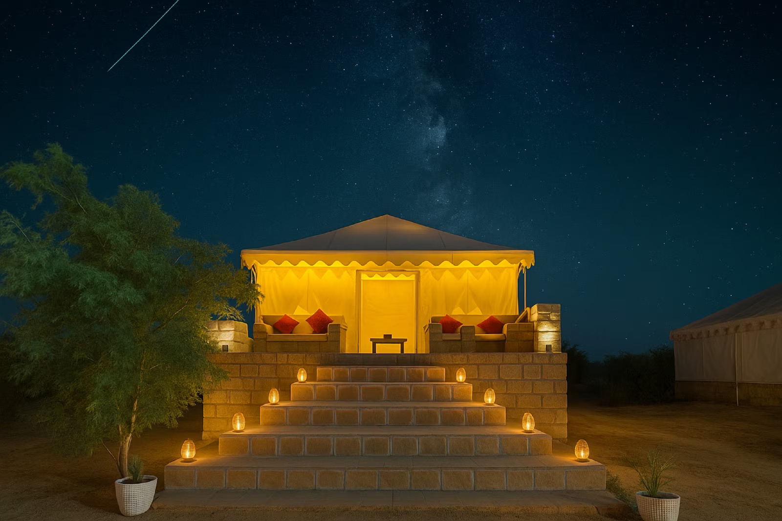 Luxury desert tent glowing under the stars in the desert night