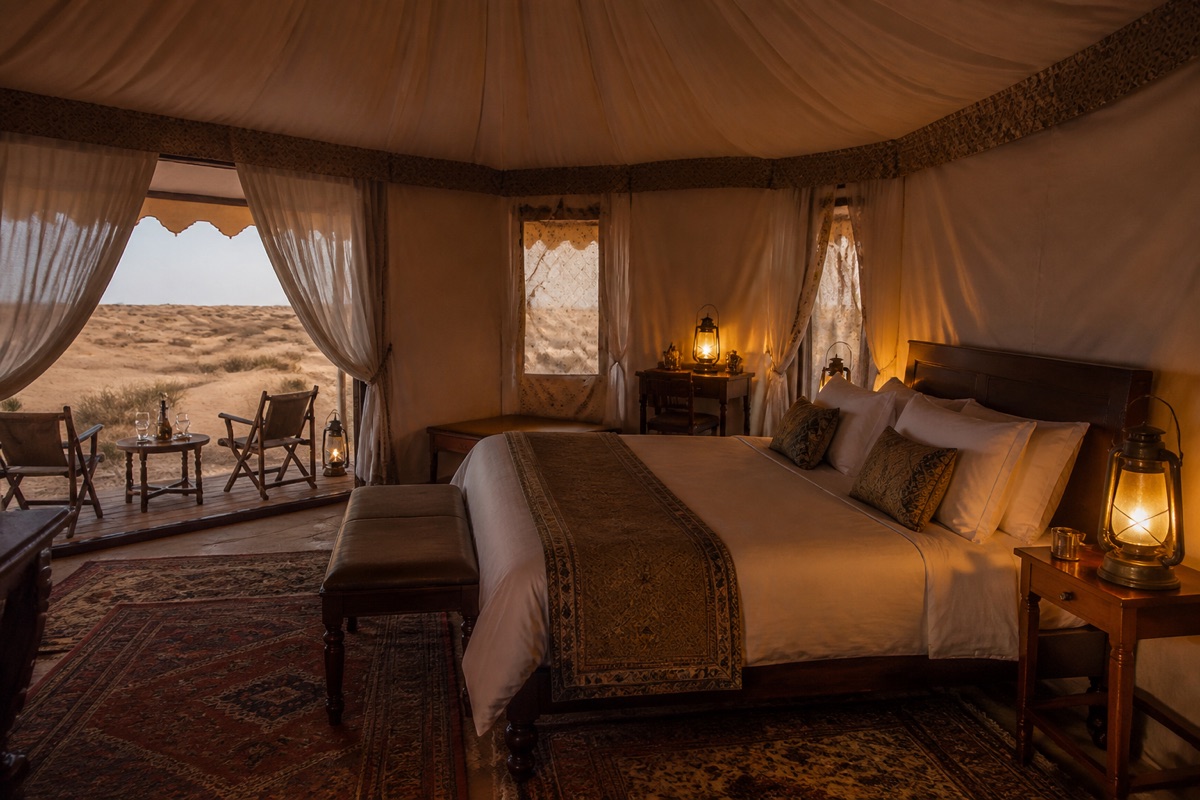 Lantern-lit luxury desert tent interior with bed and dunes outside